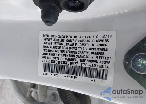 2019 Honda Civic Ex-L z USA, uszkodzony, nr VIN 19XFC1F73KE019227